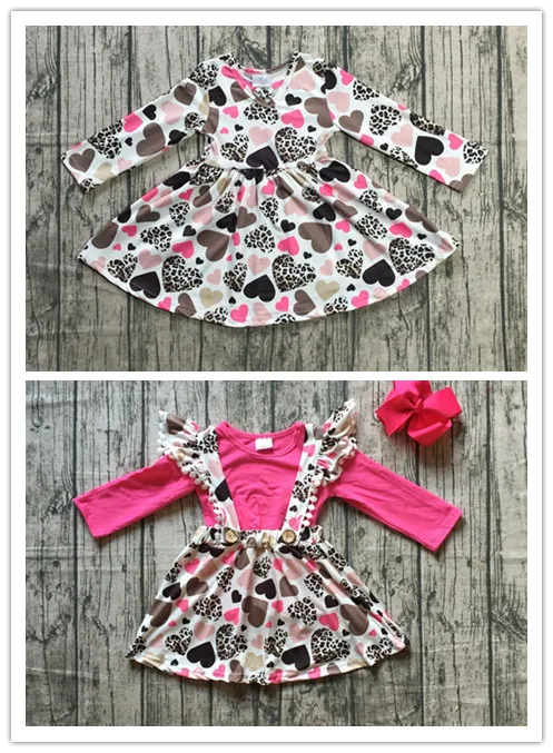 

2 designs Fall/winter baby girls Valentine's day clothes children hot pink top with skirts V-day heart dress clothing with bows