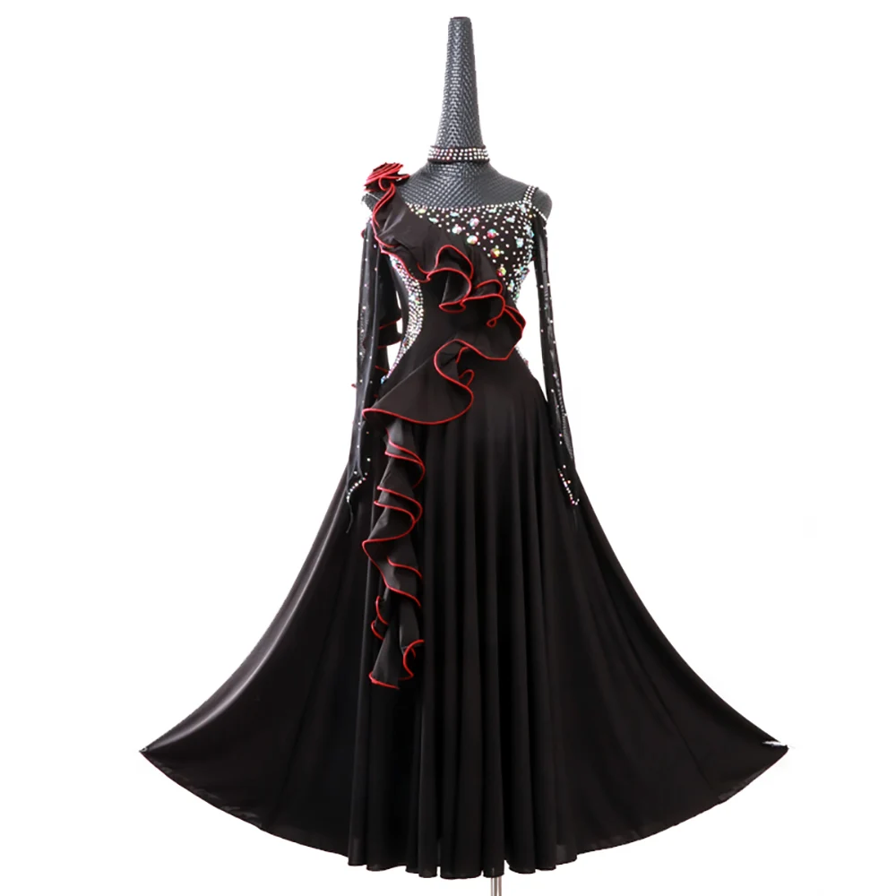 

Beauty Modern Dance Dresses For Ladies Black Burgundy Fabric Professional Women Flamenco Spanish Ballroom Waltz Fashions N4020