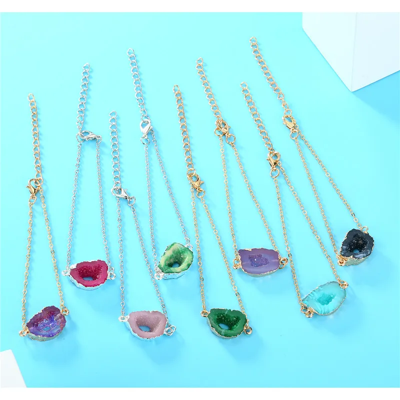 

Dayoff European Jewelry Handmade Irregular Resin Stone Hand Link Chain Women Geometric Hollow Simulated Druzy Bracelets B119