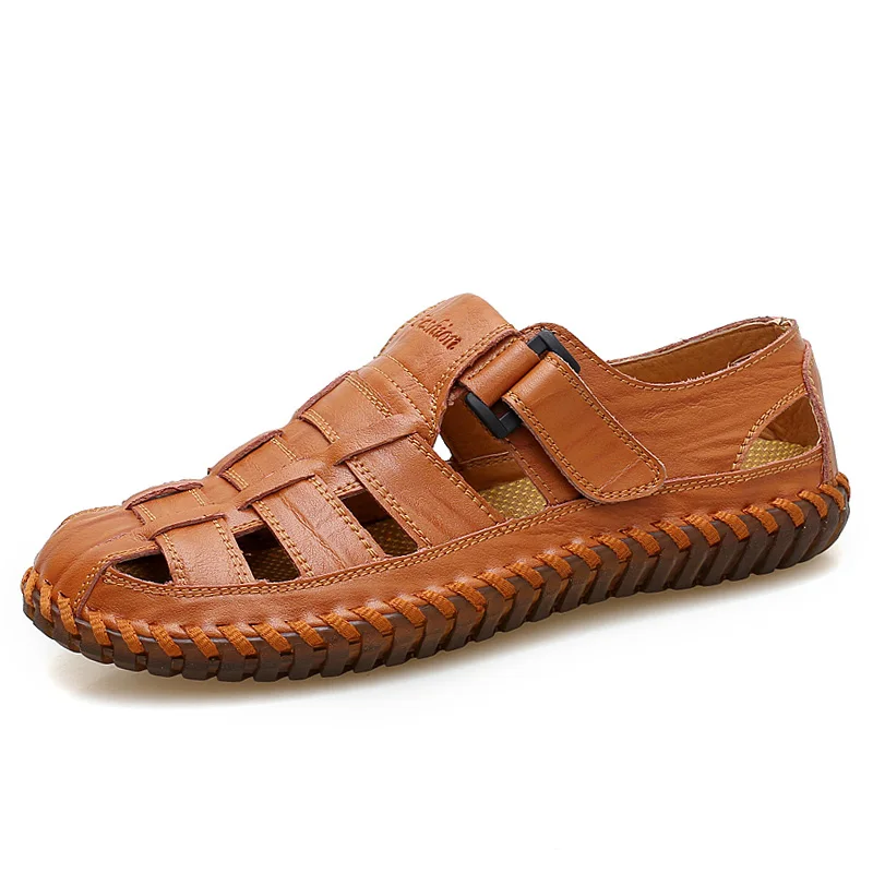 Мужские сандалии; уличные сандалии из натуральной кожи; пляжные сандалии с закрытым носком; большие размеры 47