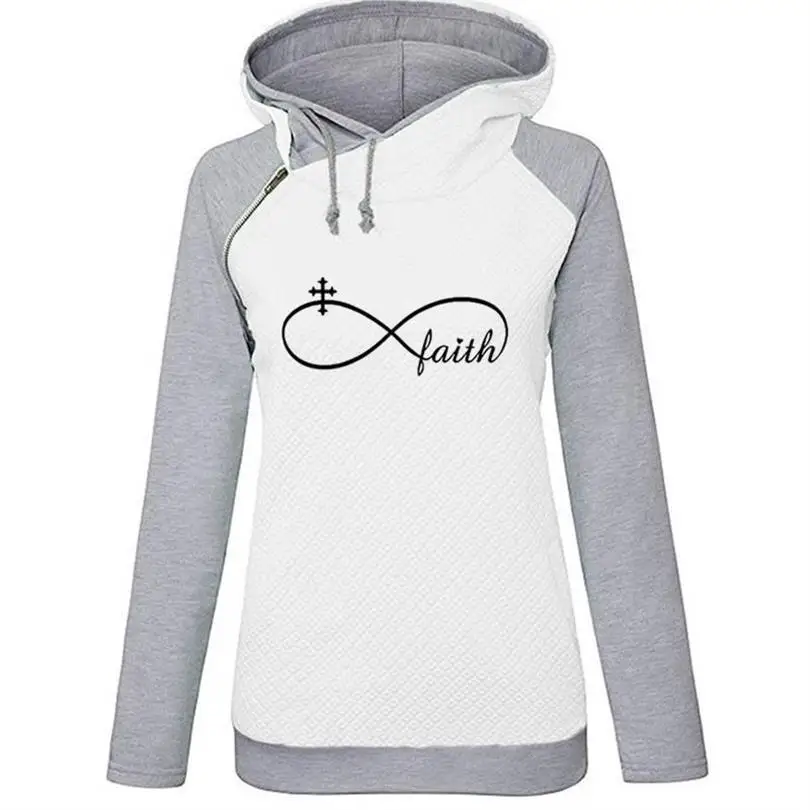 Zipper Decoration Faith Letters Print Hoodies For Women Tops Sweatshirt Femmes Sweatshirts Hoodies Women Pockets Loose Pattern