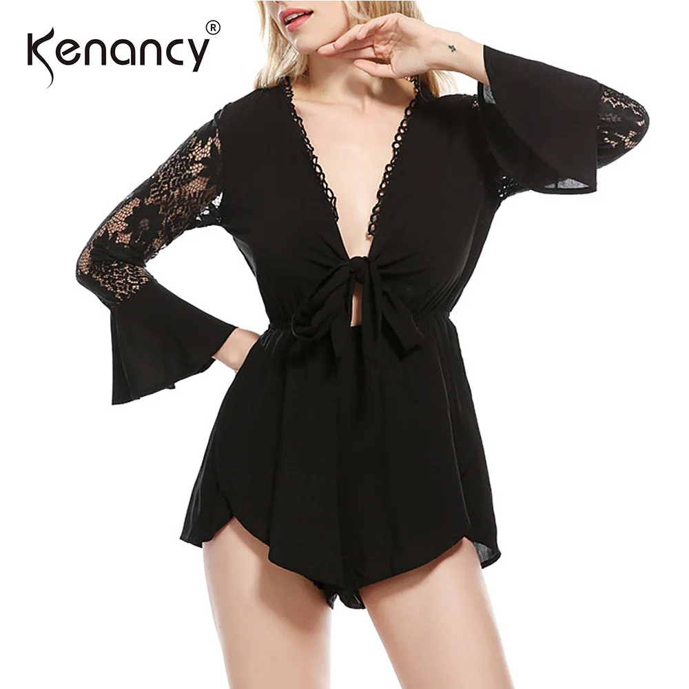 

Kenancy Womens Sexy Deep V Neck See Through Lace Patchwork Mini Jumpsuit Beach Casual Fit Flare Chiffon Bohemia Romper