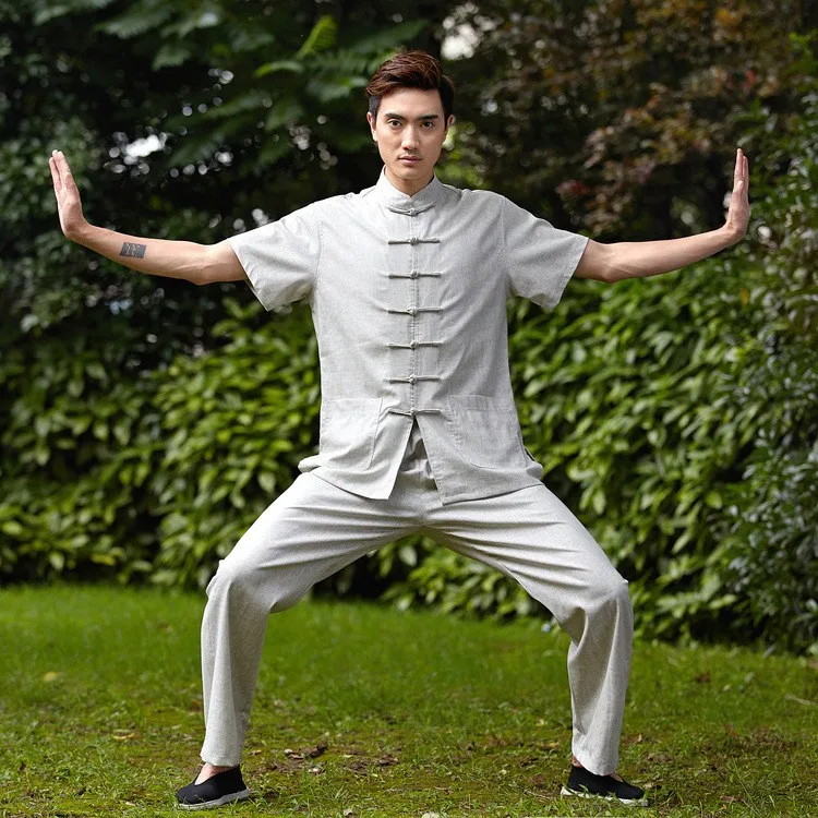 Серый китайский мужской костюм Тай Чи традиционное белье кунг-фу с коротким рукавом Wu Shu одежда Размер M L XL XXL XXXL