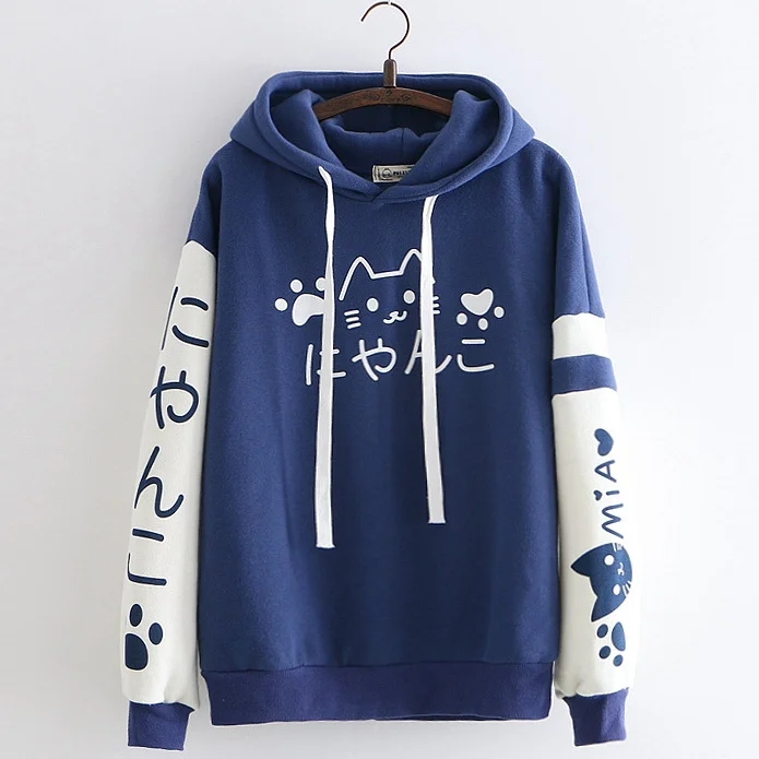 

Autumn Winter New Japanese Women Harajuku Cute Cartoon Cat Hooded Hoodies Women's Patch Color Velvet Sweatshirts