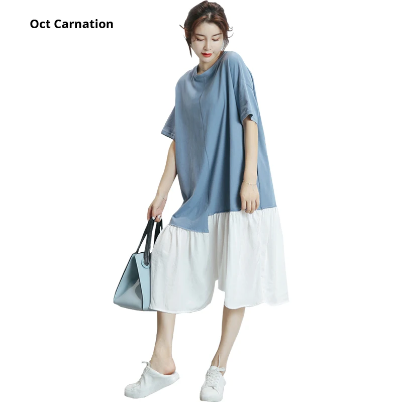 

Blue and White Stitching Short Sleeve Brief Loose Plus Size Dress 19171
