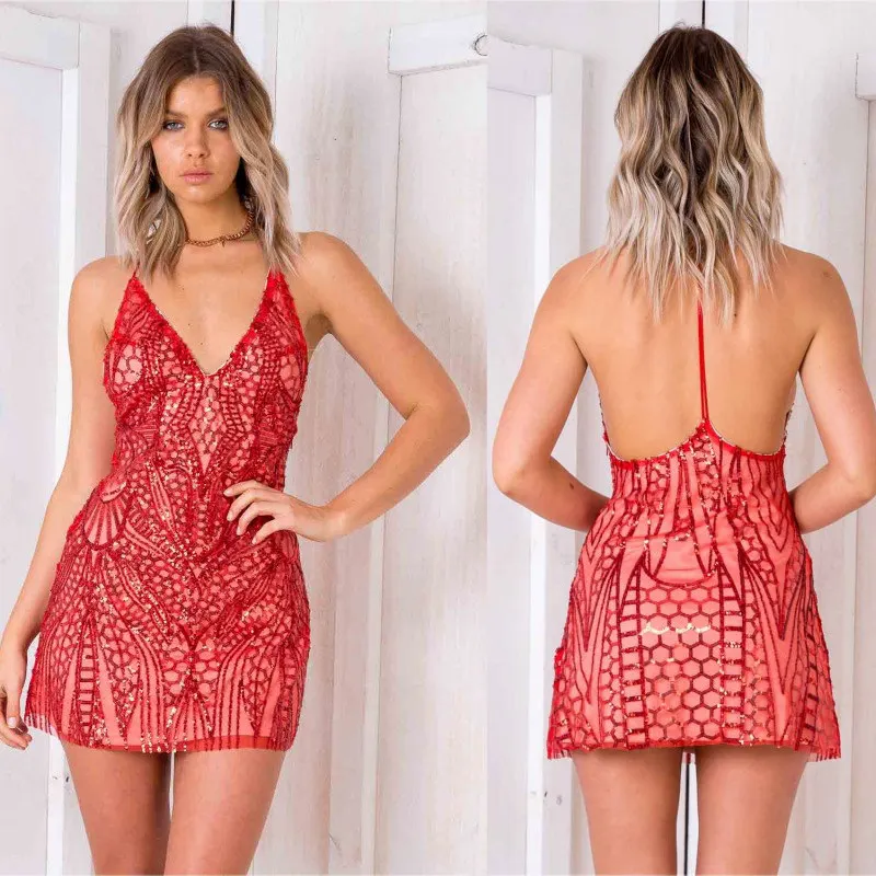 yinlinhe Pink V neck Strap Sequin Dress Women Sleeveless Summer Sexy Dress Mini Backless club Slim elegant Vestidos  1