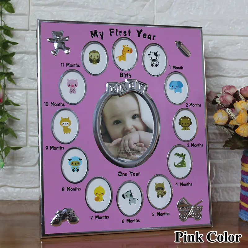 Подарок для ребенка мой первый год от 1 года до 12 месяцы фоторамка детская сувенир металлический S домашний декор альбом рост ребенка настенные фото-картины под заказ - Цвет: Pink Color