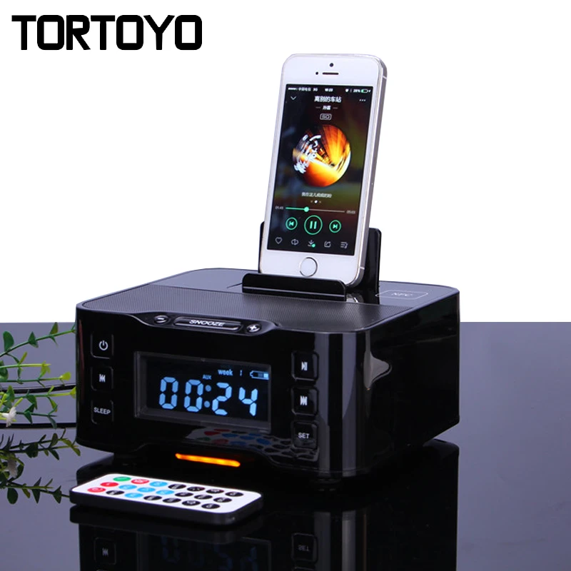 A9 Portable font b Wireless b font Bluetooth Speaker NFC FM Radio Alarm Clock 8 Pin