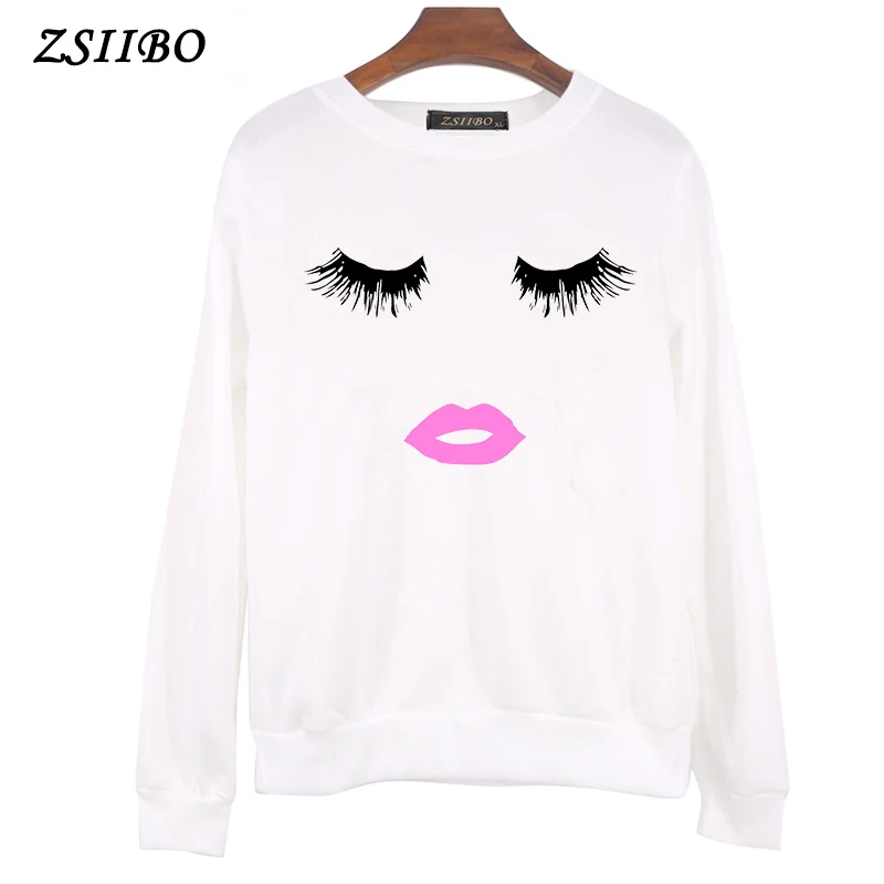 

ZSIIBO eyelash red lips Sweatshirts print letters female Hoodies & Sweatshirts PLUS size summer femme harajuku women Sweatshirts