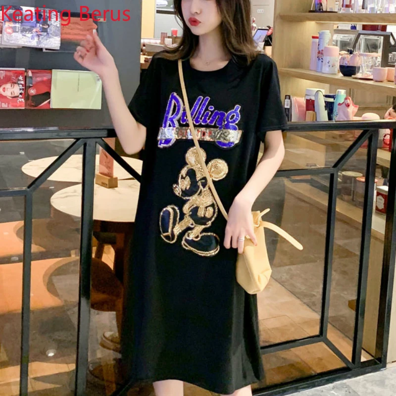 

Mickey Mouse Cartoon Print Cute Kawaii Summer Women's Short Sleeve T-Shirt Sequins Shiny Embroidery In Long Loose Women Tops 5XL