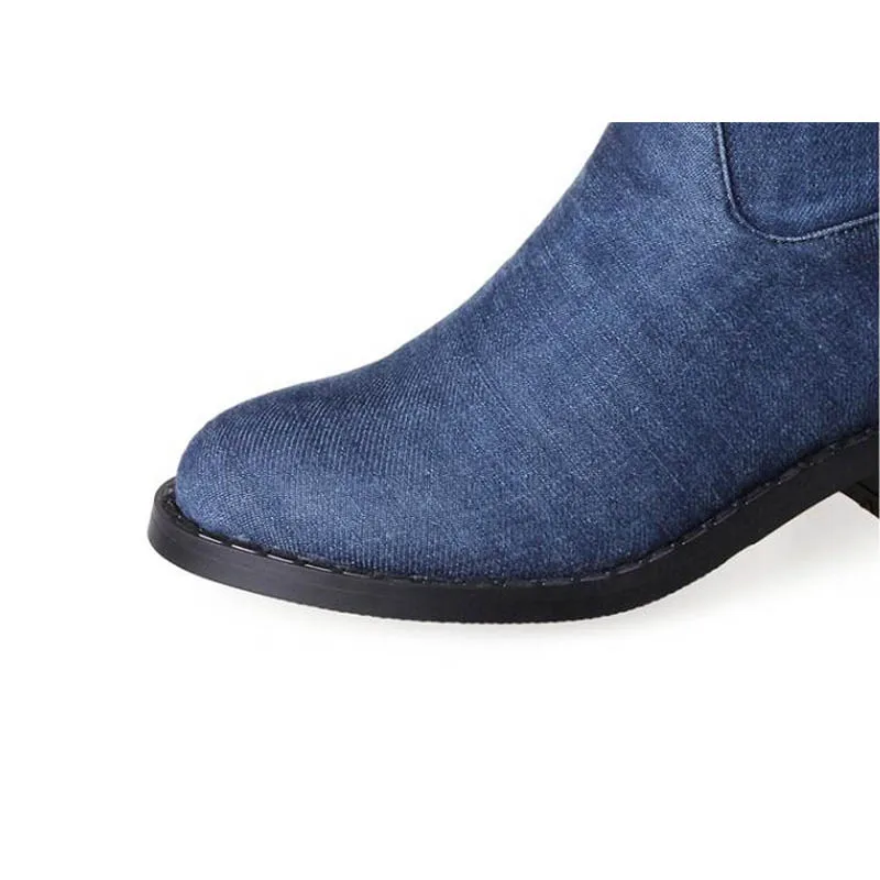 Fashion Women Knee-high Long Boots Slim Showing Med Heel Spring Autumn Shoes Slip-on Leisure Casual Boots Plus Size 33-43 Blue (5)