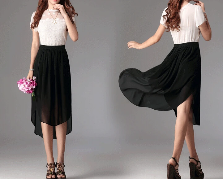 ; коллекция года; женская летняя шифоновая юбка до середины икры с асимметричным подолом сзади; Однотонная юбка с эластичным поясом