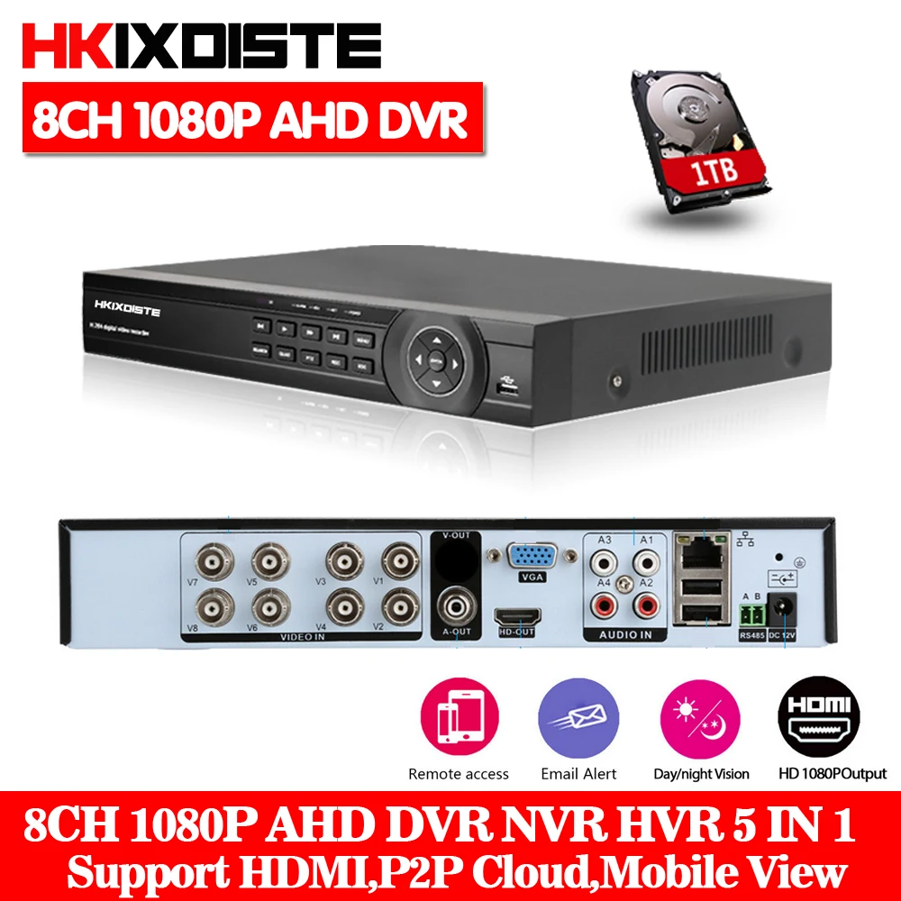 HKIXDSTE 8CH 1080 P AHD DVR NVR HD видео с разрешением 1080 P Регистраторы H.264 CCTV IP Камера сети 8 Channel 1 SATA Multilanguage с 2 ТБ HDD