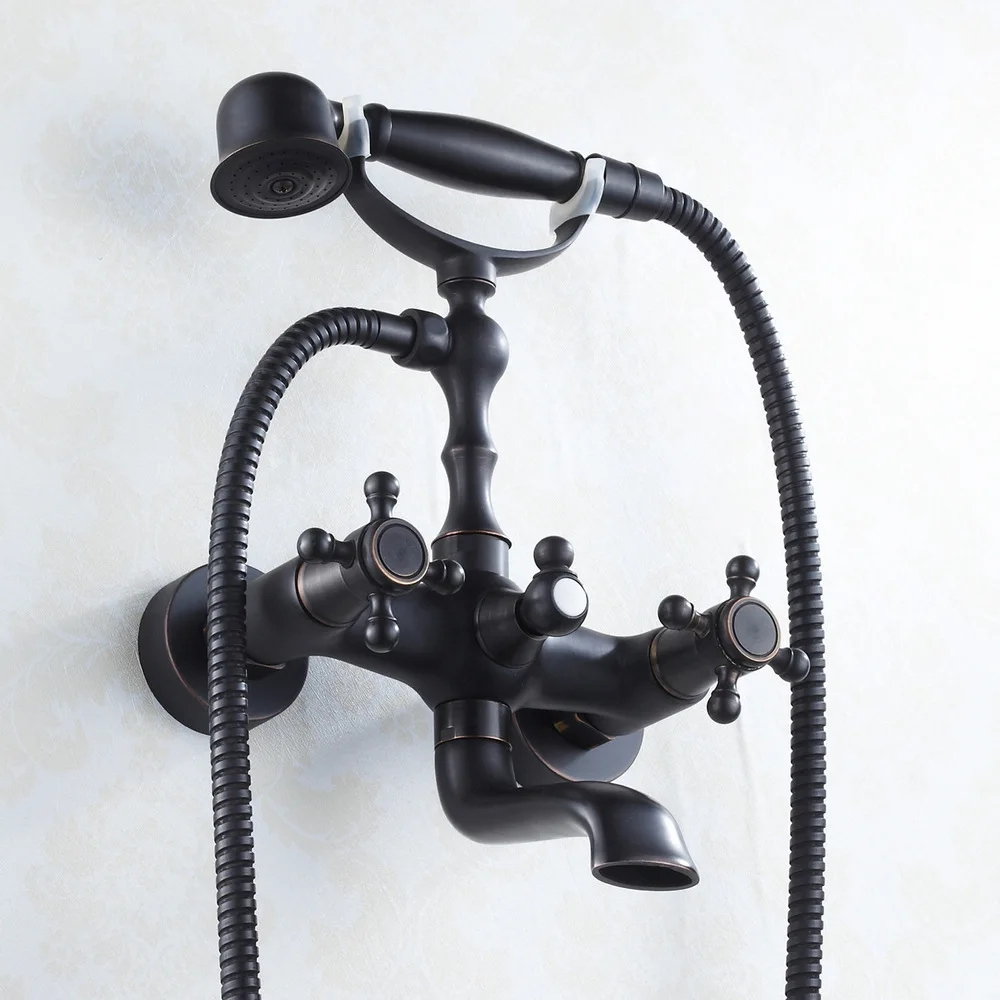 Copper bathroom shower faucet black three-piece bronze triple bathtub faucet with hand shower spray hot and cold