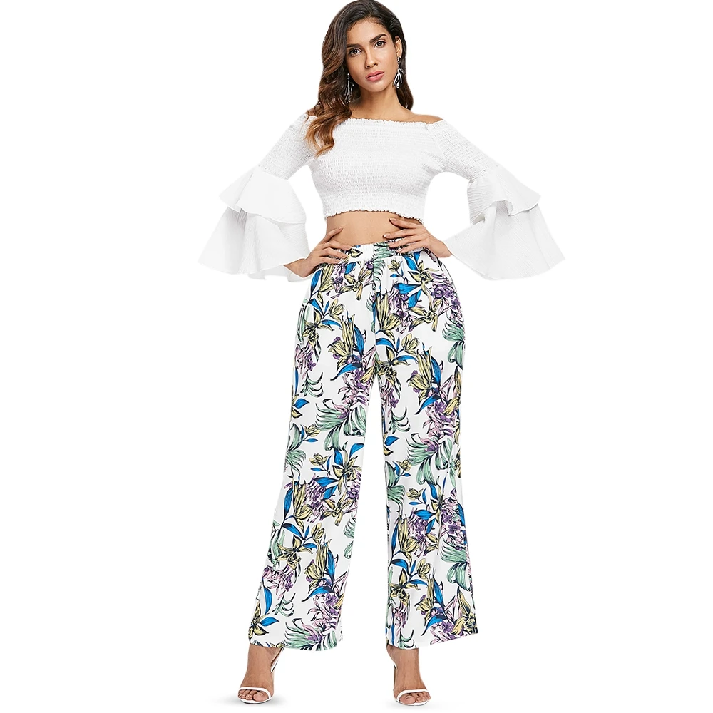 Ladies Floral Print Wide Leg Pants Women Long Casual Loose Pant 2018