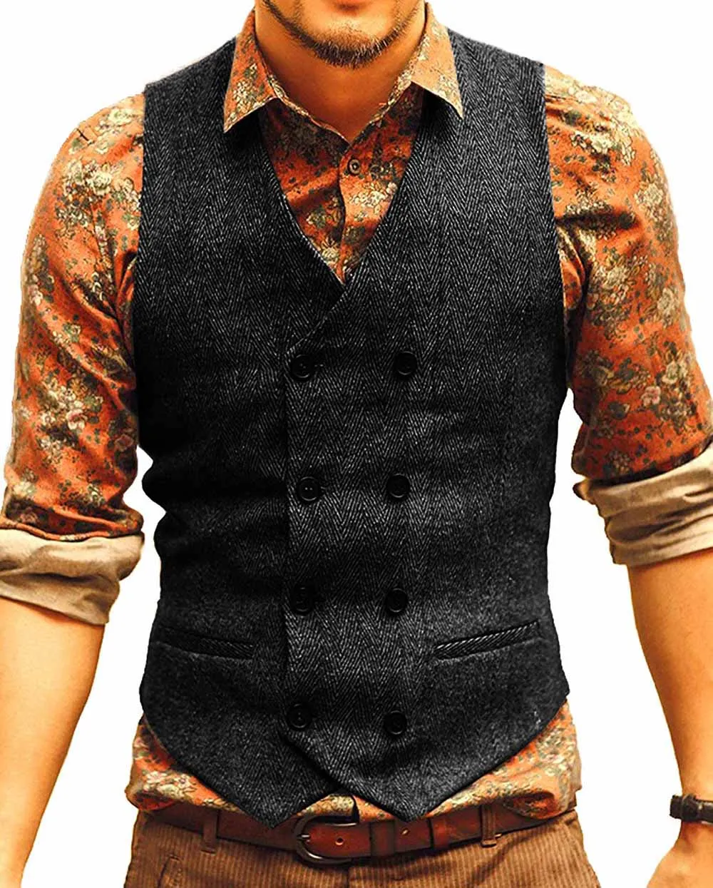 Mens Suit Vest V Neck Wool Herringbone Casual Formal Business Double-breasted Waistcoat Groomman For Wedding Green/Black/Brown 5