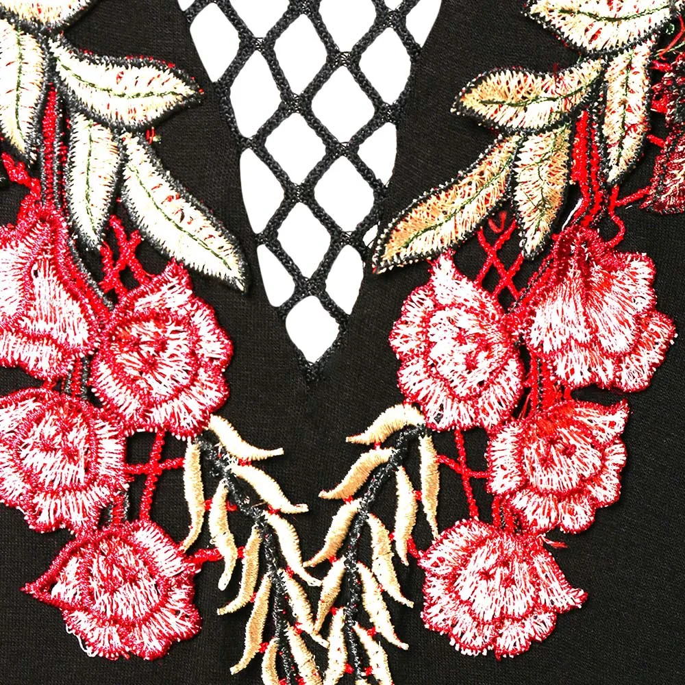 Rosegal размера плюс ажурная панель вышивка высокая низкая футболка Женские топы круглый вырез Футболка с длинным рукавом Пуловеры женские тройники