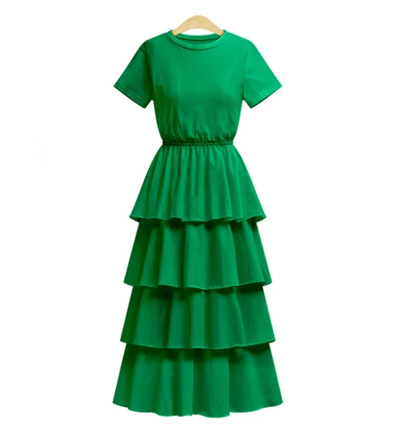 

New Fashion Vestidos Solid Color Mid-Calf Dress Elegant Princess Cake Dresses Casual Short Sleeves O-Neck Dress
