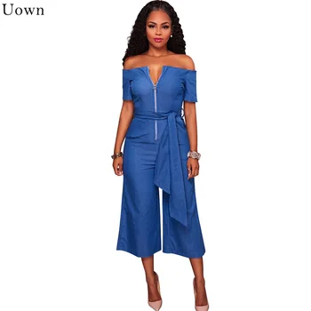 

Blue Jean Rompers Sexy Womens Overalls 2017 Elegant Loose Denim Zipper Off Shoulder Wide Leg Jumpsuit Club Playsuits Sashes