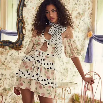 

2019 Mini Dress Sexy Half Dot Mesh Backless Print Ruffles Bow Women V Neck Puff Sleeve Beach Style Loose Party Dresses Wholesale