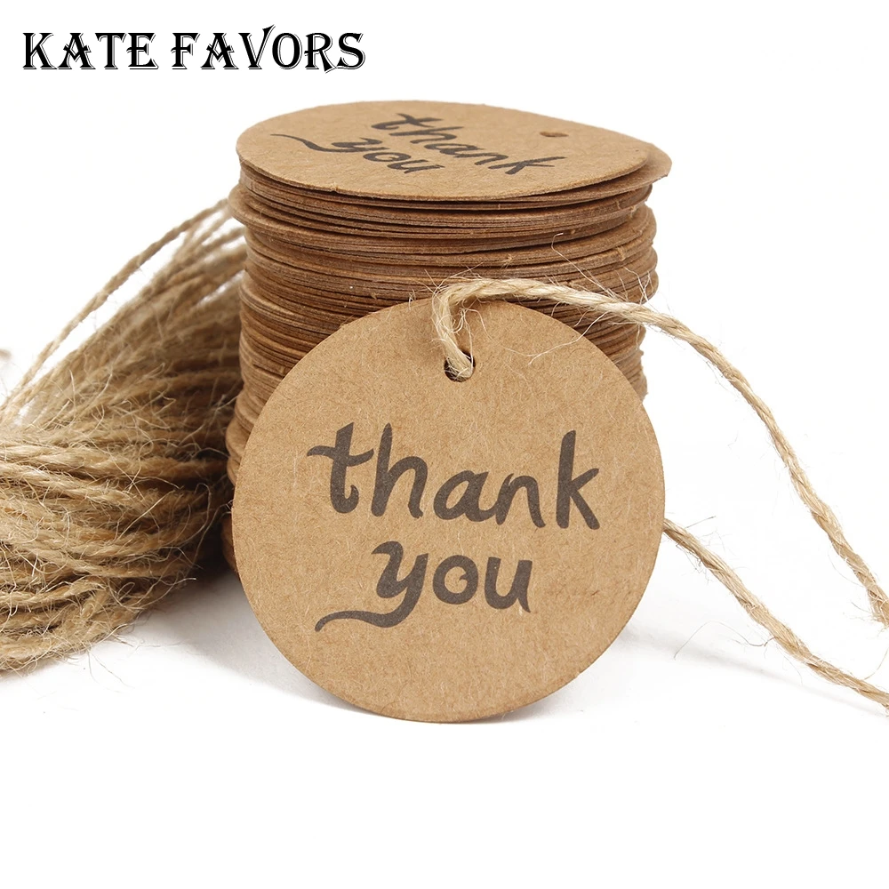 

100 pcs Kraft Paper Labels Diameter 4 cm "Thank You" Packaging Hang Tags for Wedding/Birthday Party Candy Boxes Price Tags