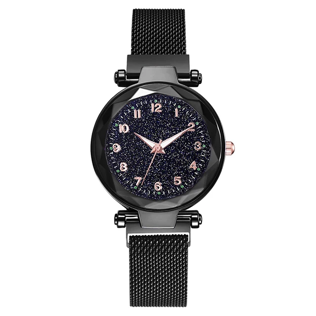Популярные светящиеся стрелки женские часы модные звездное небо женские часы с магнитной сеткой Женские кварцевые наручные часы многоцветные подарки - Цвет: Black