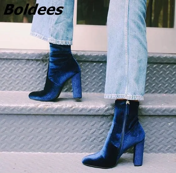 

Fashion Women Soft Velvet Dark Blue Block Heels Ankle Boots Trendy Round Toe Side Zip Boots Celebrities in Same Hot Selling