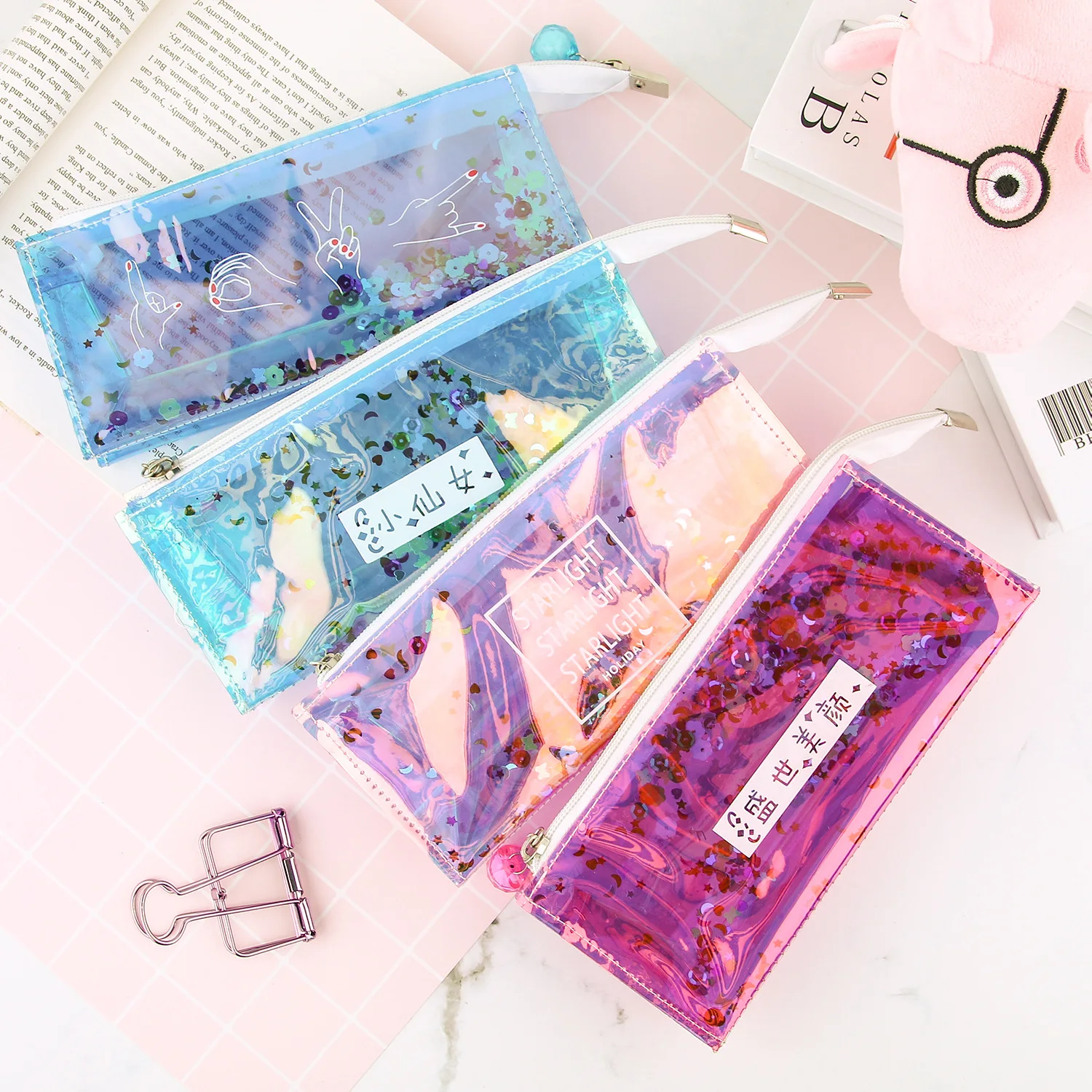 large capacity sequined Transparent Glitter Pencil Case Stationery Bags Pvc Pencil Bag School