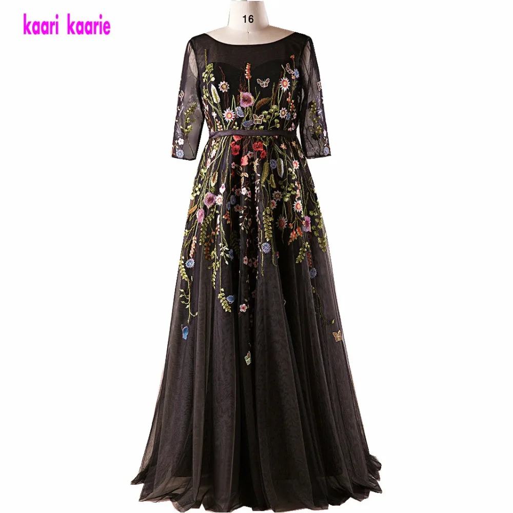 Elegant Black Plus Size Evening Dresses Long 2019 Scoop Half Sleeve Embroidery Evening Party Gowns woman Formal Evening Dress Elegant Black Plus Size Evening Dresses Long 2019 Scoop Half Sleeve Embroidery Evening Party Gowns woman Formal Evening Dress