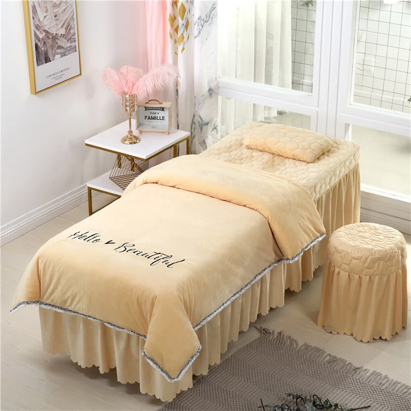 Beauty Salon Bedding Sets Coral Fleece Crystal Velvet Embroidery Bed Skirt Duvet Cover Pillowcase Bedspread High Quality Set#s