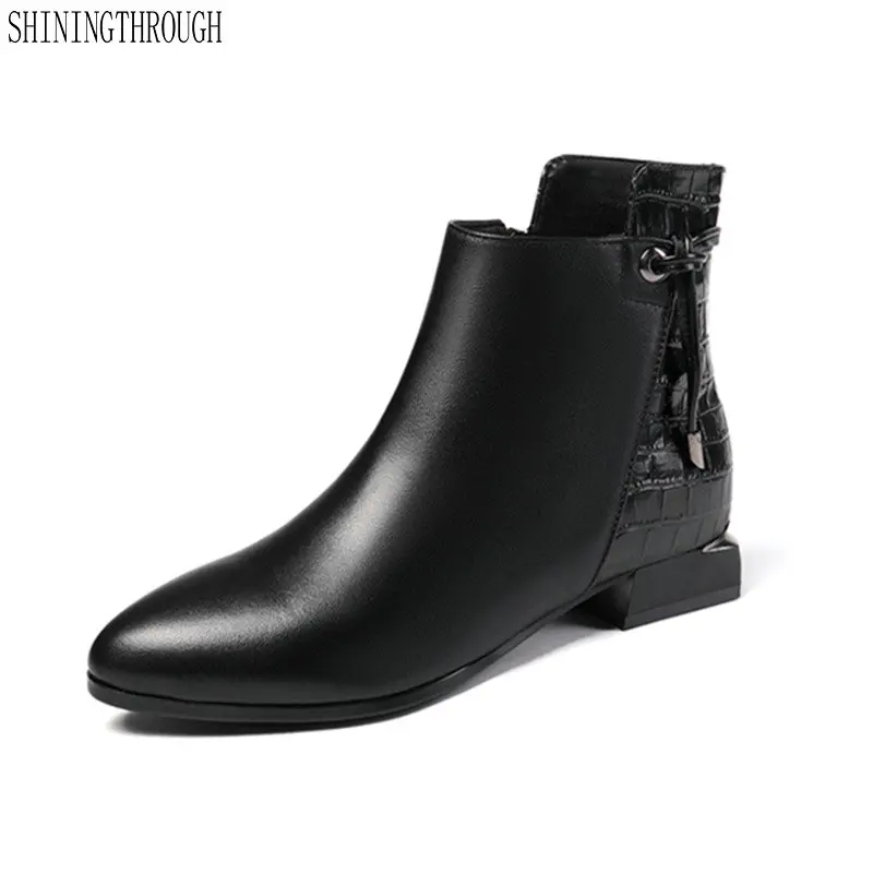 

Women Ankle Boots Low Heels Autumn Ladies Shoes Woman genuine leather rouned Toe Party Prom Pumps Ladies 2019 Boots