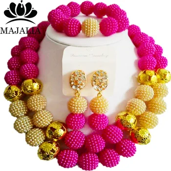 

Majalia Fashion Hot pink and Beige Lady Nigerian Wedding African Jewelry Set Plastic Beads Bride Jewelry Sets 2QW002
