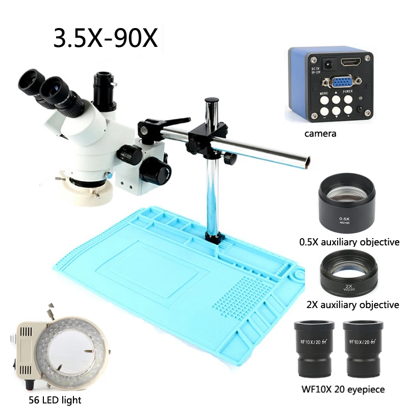 

Simul-focal trinocular stereo microscope 3.5X- 90X zoom +720P 13MP camera VGA HDMI + 0.5X 2X lens + 56LED