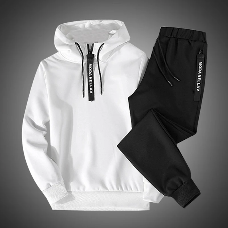 

2019 2PC Hoodies Men Spring Autumn Fleece Liner Hooded Sweatshirts + Sweatpants Male Brand Streetwear Solid Warm 2 Pieces Hoody