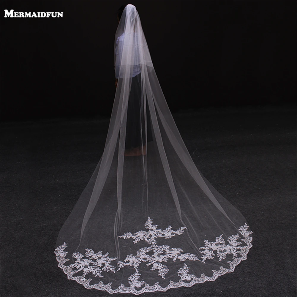 

2019 Real Image Two Layers Lace at Bottom Wedding Veil with Comb New 3 Meters Bridal Veil