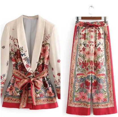 

New Vintage Print Female Suit Jacket With Belt Wide Leg Pant Suit Sets Harajuku Women Coat Spring Elegant Outwear Lady Blazer