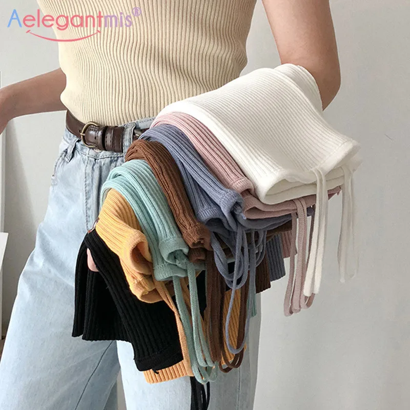 

Aelegantmis 2019 Sexy Knitted Bustier Crop Tops Women Stretch Slim Camis Summer Female Camisole Lady Sleeveless Casual Tops