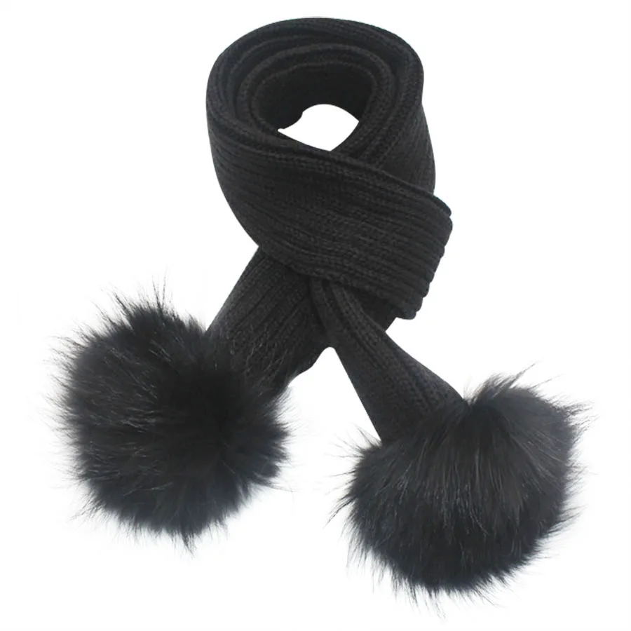 Gasoo Max Brand Children Scarf Winter Warm Knitted With 2 Pcs Colorful Detachable Pom Pom Real Raccoon Fur Pompom Baby Scarves