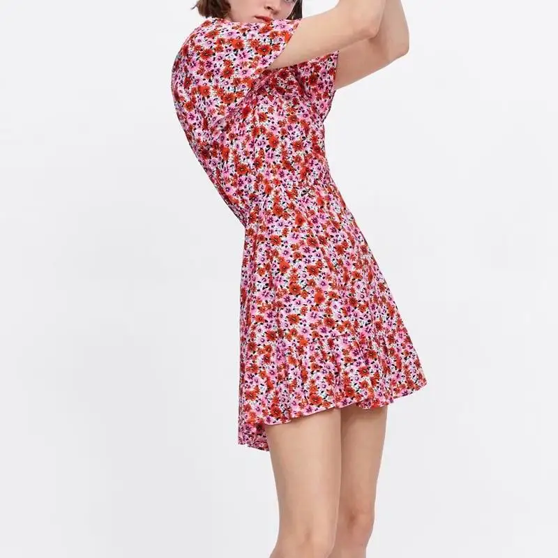 2019 za летняя одежда Для женщин V-necklineFLORAL печати оборками швы платья платье Для женщин билета рукава