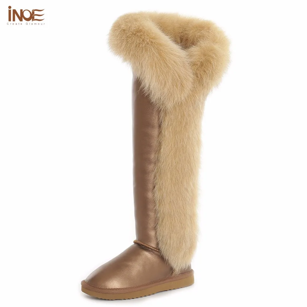 

INOE women boots fashion over-the-knee long boots shoes natural fox fur waterproof cow leather winter boots gold non-slip sole