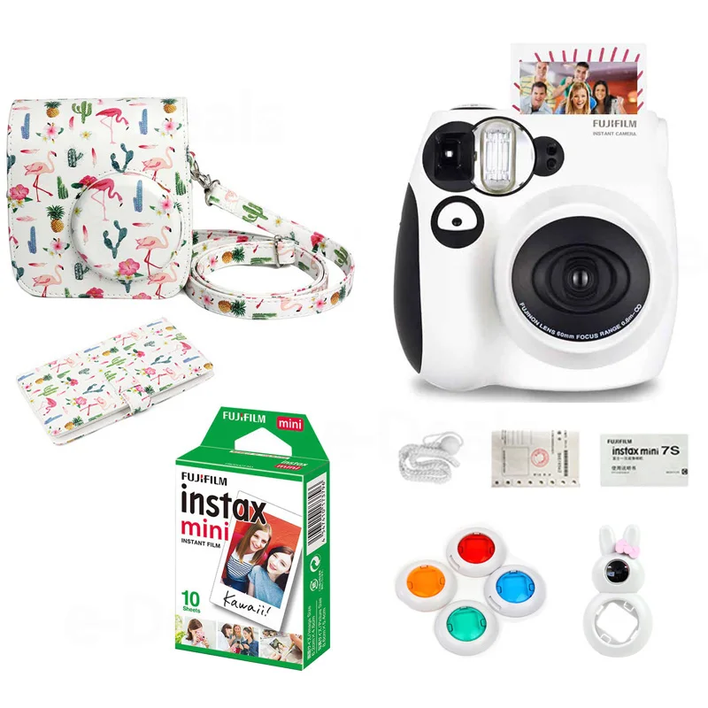 Fujifilm Instax Mini 7 s Мгновенный Набор Фото камеры с 10 листов пленки, кролик линзы для селфи, цветные фильтры, Cam Case, фотоальбом - Цвет: panda black set 1