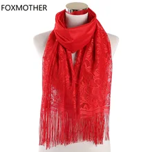 FOXMOTHER красный белый черный сплошной цвет цветочный кружевной шарф полые Кисточкой Хиджаб с бахромой шарфы обёрточная бумага мусульманский женский платок Femme