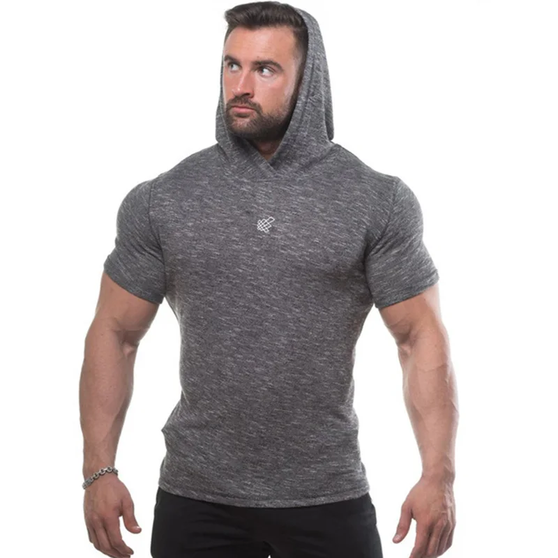 Mens Short sleeve Hooded t shirt Gyms Fitness Bodybuilding Tight T ...