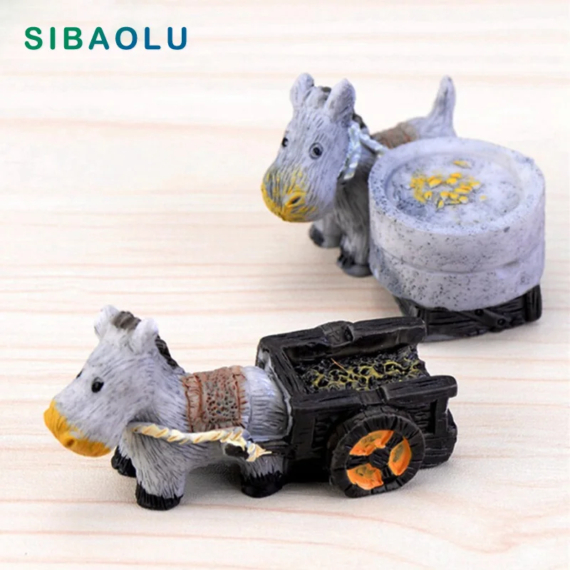 

Donkey with Cart mill Figures Miniature Figurine mini fairy garden Micro Landscape Cartoon animal statue resin craft TNA099