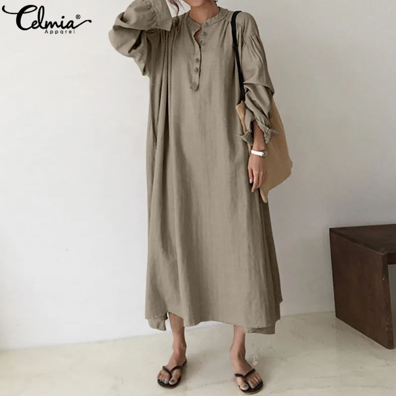 

S-5XL Vintage Women's Maxi Dress Celmia Autumn Casual O Neck Long Sleeve Buttons Solid Loose Vestidos Party Robe Long Dresses