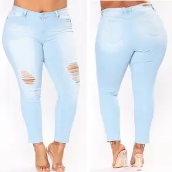 Плюс размер джинсы Для женщин Высокая Талия тощий карандаш Синий джинсовые штаны Для женщин на молнии стрейч промывают джинсы Для женщин 4XL