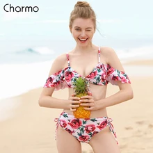 Charmo 2019 New Bikini Set Ruffle Style Swimsuit Rose Print Bikini Swimsuit Graceful Floral Bikini Swimwear Strappy Bikini Sets sweet style strappy criss cross floral print swimsuit for women