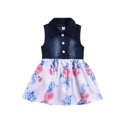 Новые летние джинсовые платья принцессы в стиле пэчворк с цветочным рисунком для маленьких девочек, юбка, модная одежда, милый дизайн, #4A11