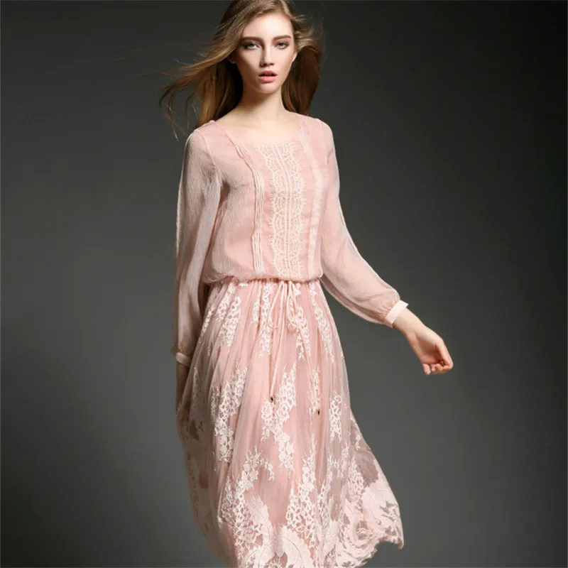 2018 Spring summer Pink dress New Elegant Woman, Silk ...