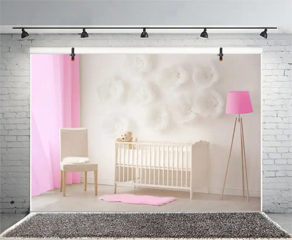 Laeacco Pink Backdrops Warm Decor Baby Crib Teddy Bear Paper